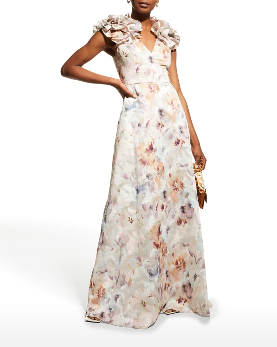 Aidan Mattox Watercolor Floral Rosette-Shoulder Gown | Neiman Marcus