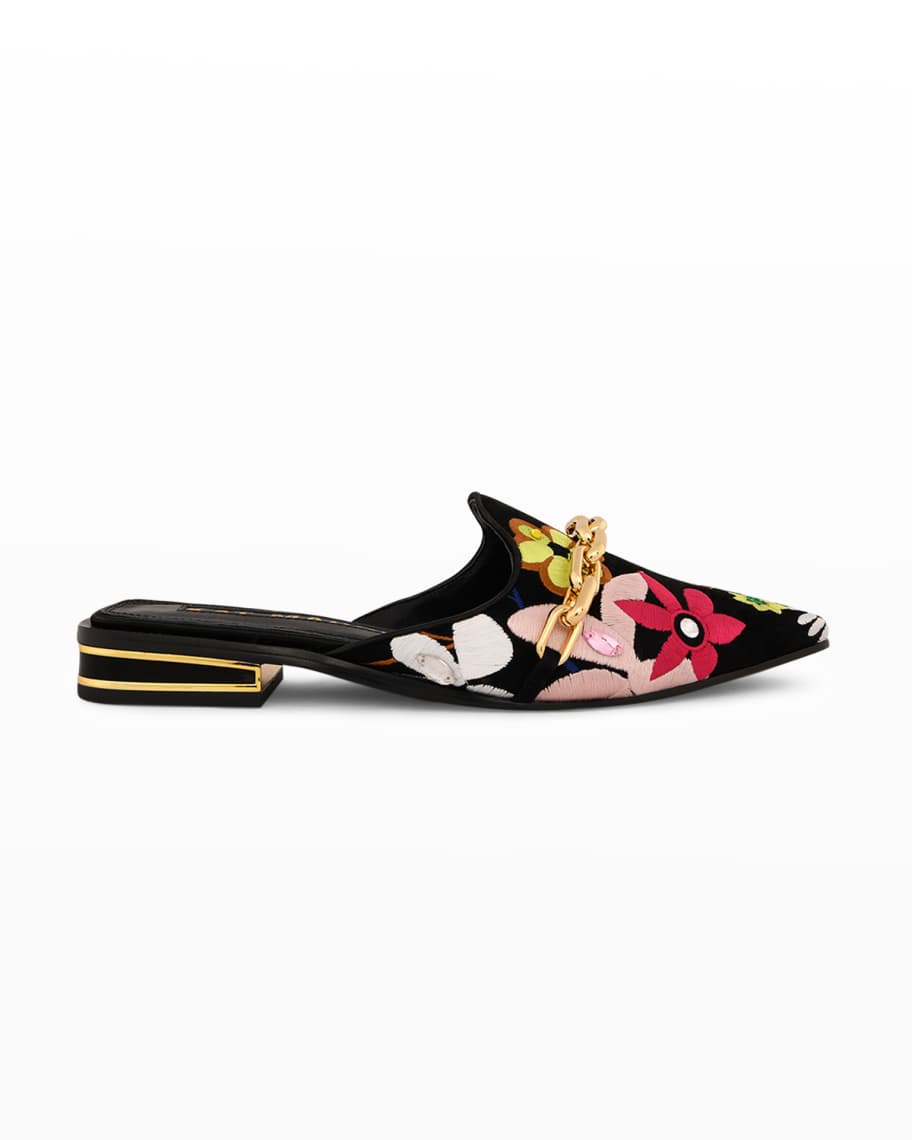 Kat Maconie Victo Embroidered Suede Flat Mule Loafers | Neiman Marcus