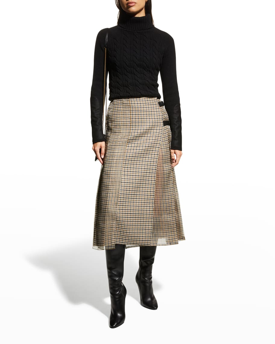 Max Mara Norel Houndstooth Pleated Midi Wrap Skirt w/ Silk