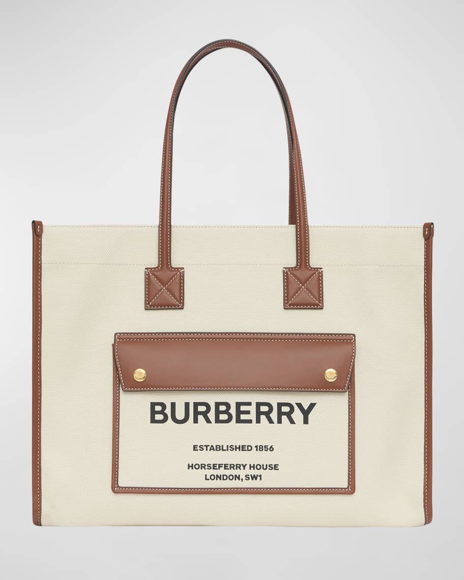 Burberry Smooth Leather Canvas Pocket East West Tote Bag Neiman Marcus
