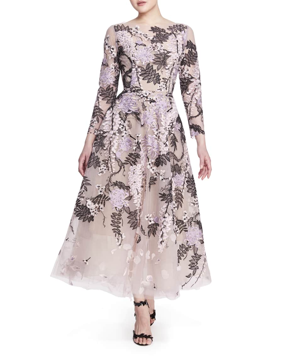 Marchesa Floral-Embroidered Tea-Length Dress | Neiman Marcus