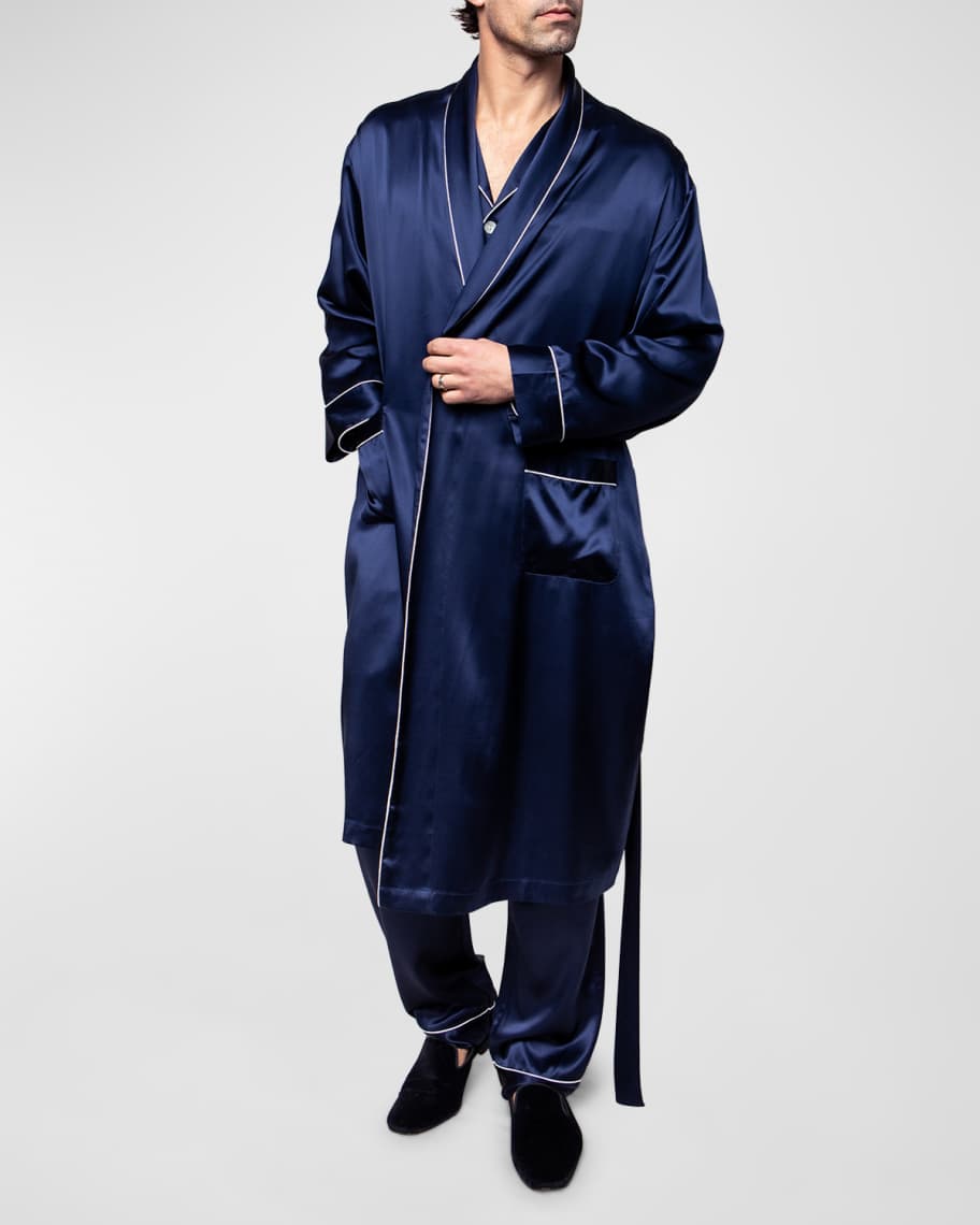 Petite Plume Men's Piped Silk Long Robe | Neiman Marcus