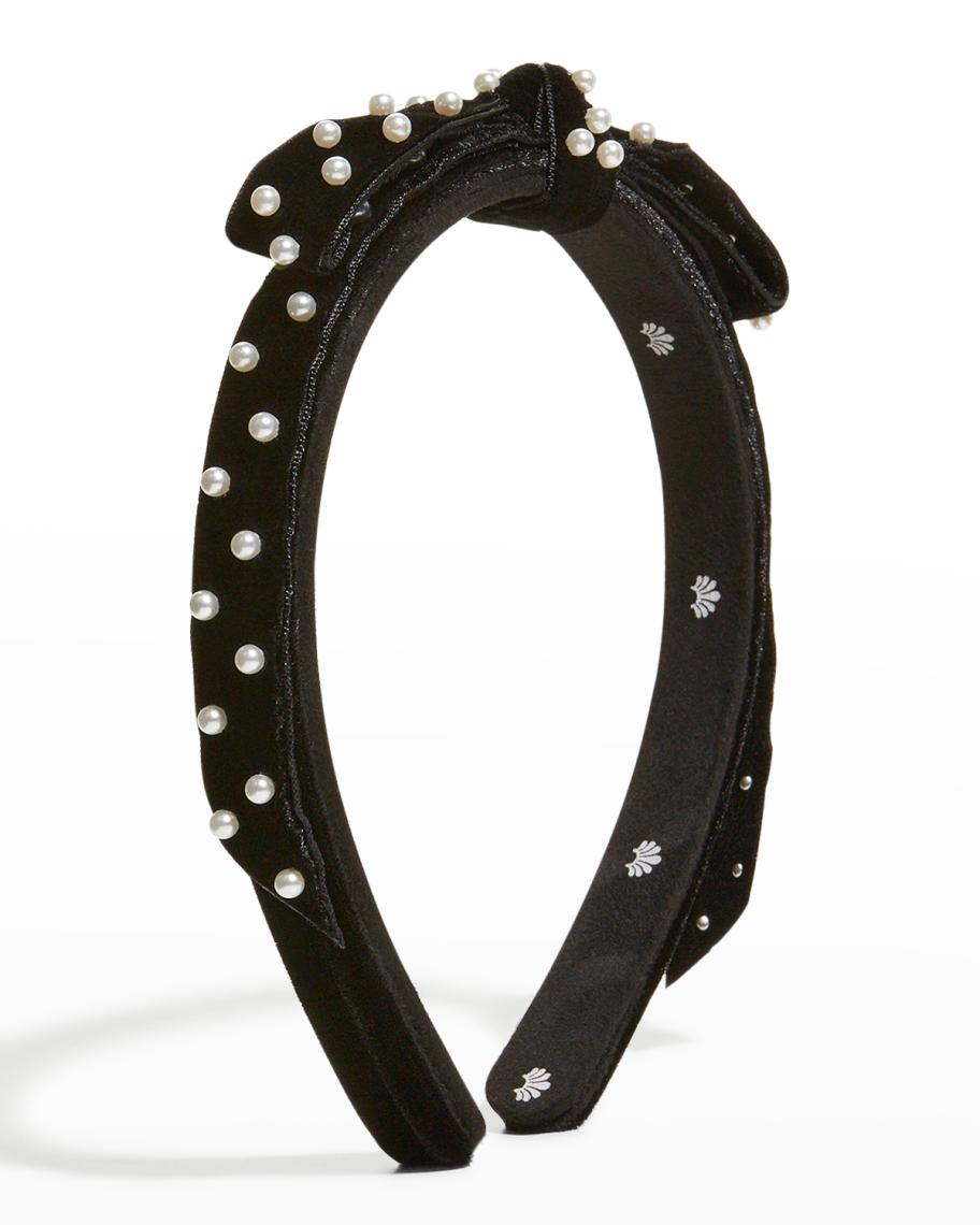 Lele Sadoughi Pearly Bow Velvet Slim Headband | Neiman Marcus display picture 1