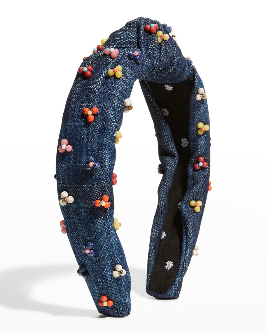 Lele Sadoughi Cactus Flower Knotted Velvet Headband Lele Sadoughi Velvet Pearl Knotted Headband - Jet - Murray main image 4