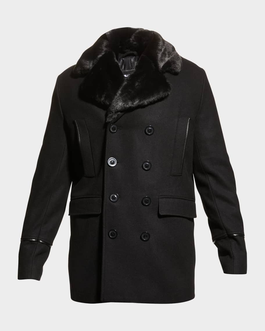Karl Lagerfeld Paris Men s Wool Peacoat w Faux Fur Collar