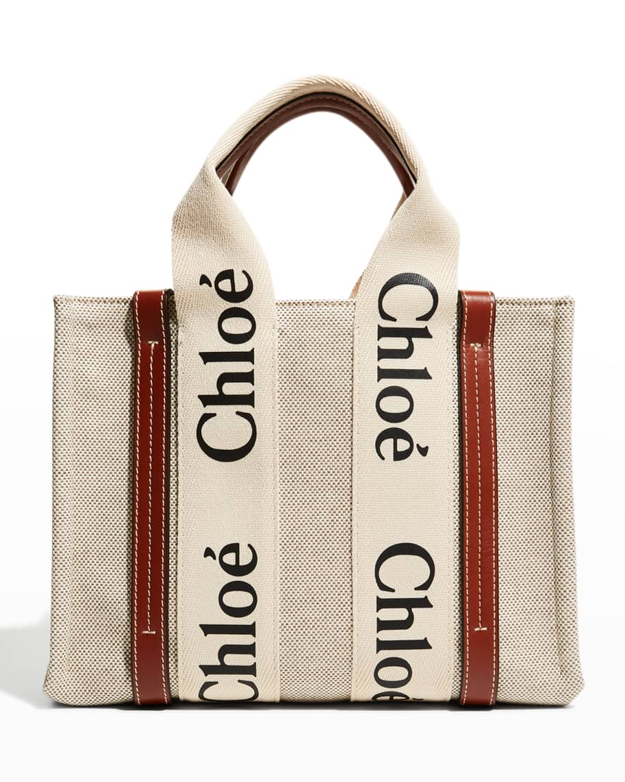 Chloe Woody Mini Tote Bag in Linen with Crossbody Strap | Neiman Marcus