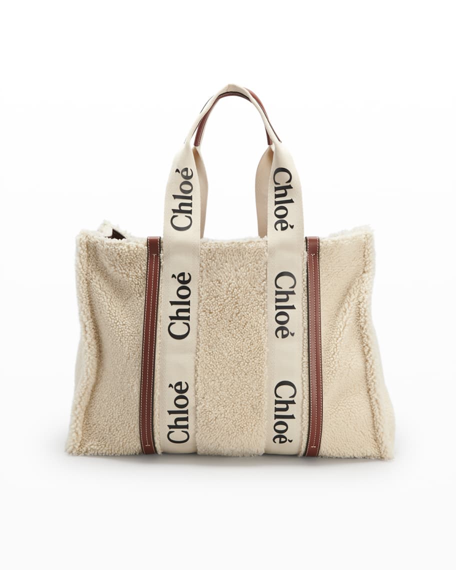 Chloe Woody Shearling & Leather East-West Tote Bag | Neiman Marcus