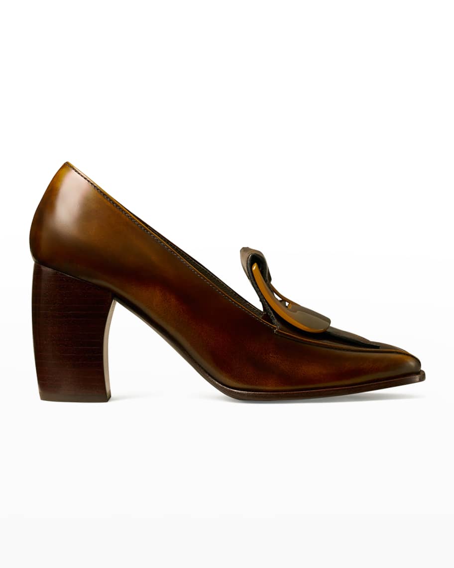 Tory Burch Leather Buckle Heeled Loafers | Neiman Marcus