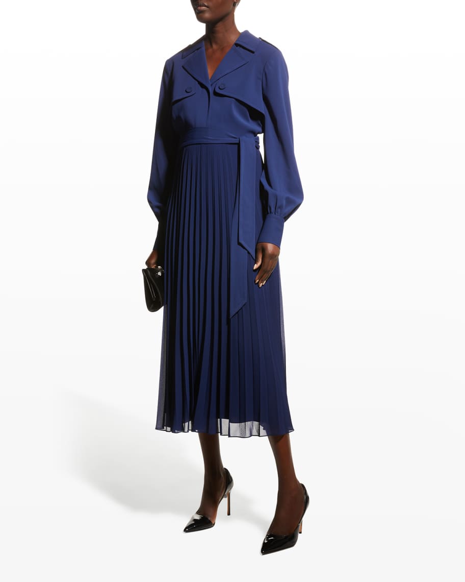 Badgley Mischka Collection Trench Dress w/ Pleated Skirt | Neiman Marcus