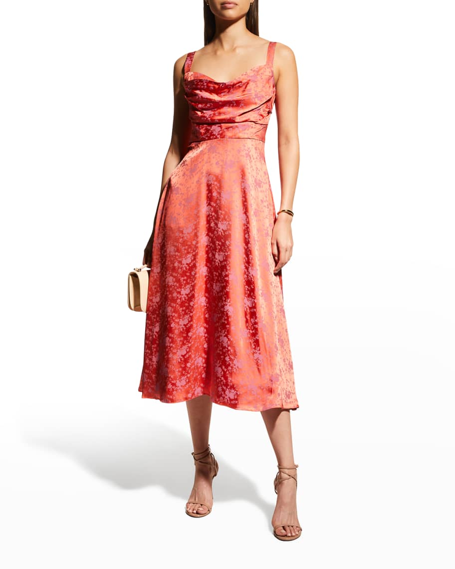 Theia Clementine Floral Satin TeaLength Dress Neiman Marcus