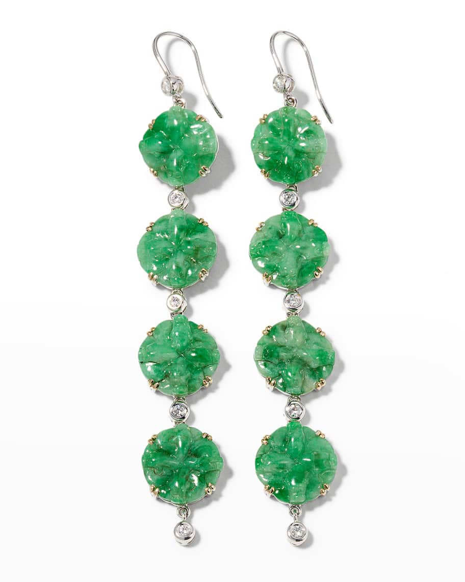 David C.A. Lin 18k White Gold Carved 8Fish Green Jadeite Drop Earrings