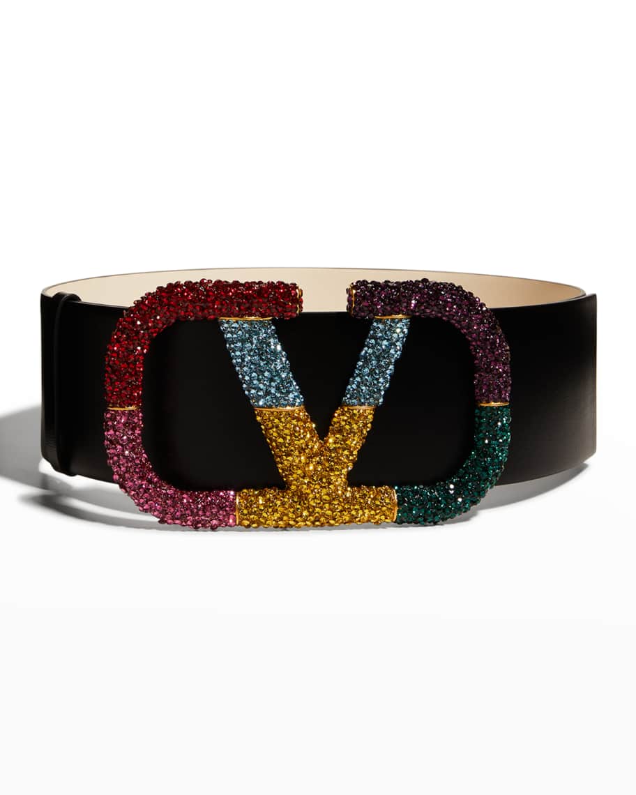 Crystal V-Logo Leather Belt