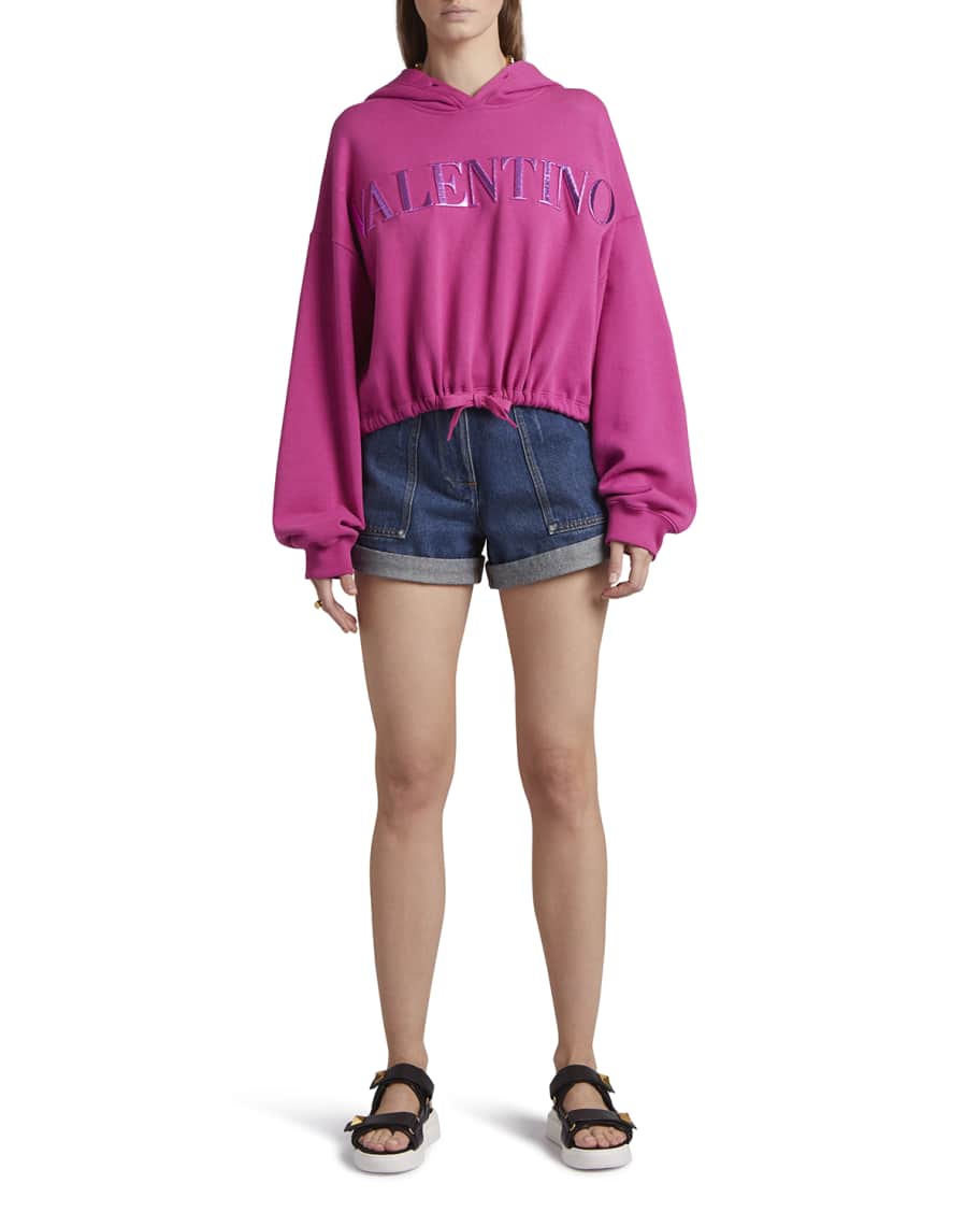Valentino Garavani Metallic Puffy Logo Cropped Hoodie | Neiman Marcus