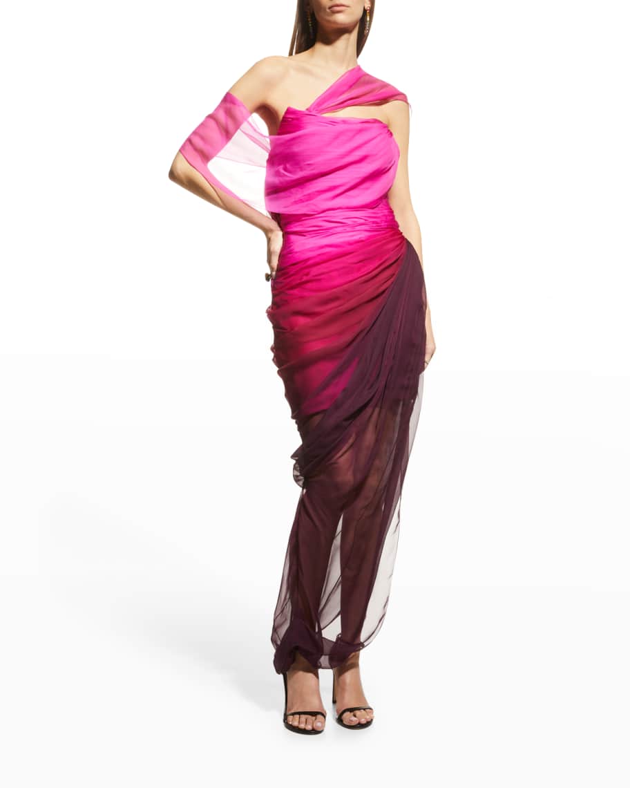 Oscar de la Renta Draped Shoulder Ombre Silk Chiffon Gown | Neiman Marcus
