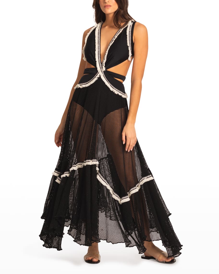 PatBO Fringe Trim Cutout Maxi Beach Dress Neiman Marcus