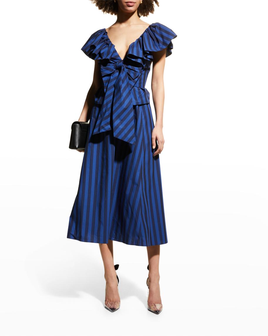 Carolina Herrera Striped Dramatic Wing-Ruffle Midi Dress - BCI Cotton ...