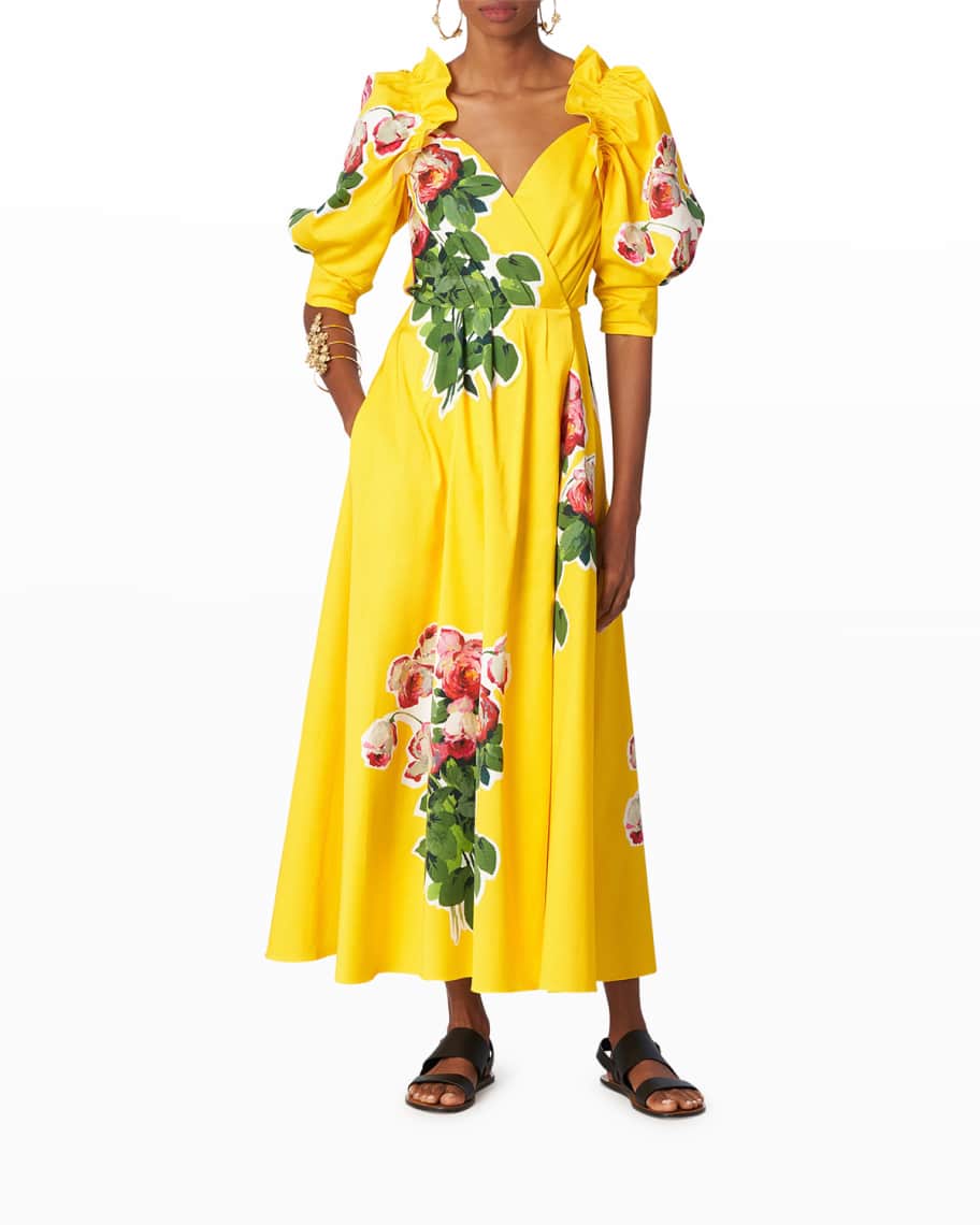 Carolina Herrera Floral-Print Puff-Sleeve Wrap Dress | Neiman Marcus