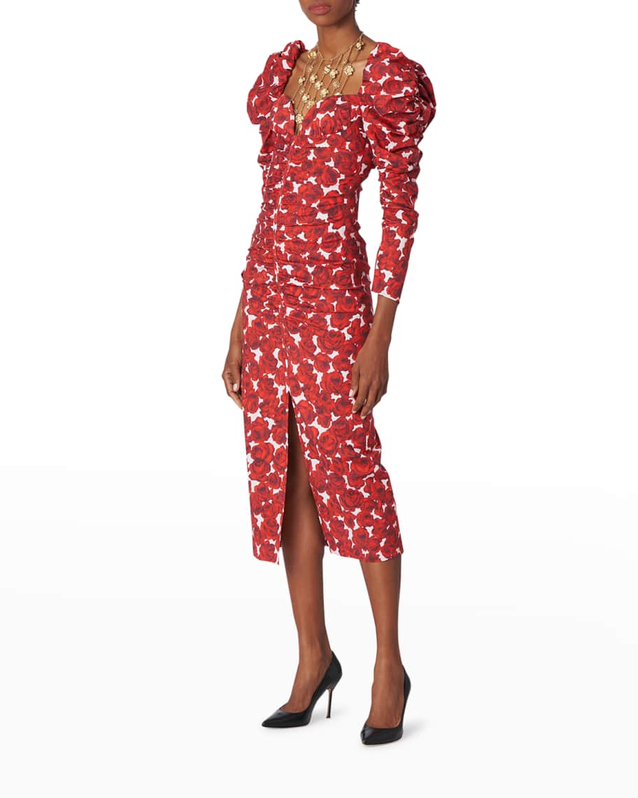 Carolina Herrera Rose-Print Puff-Sleeve Ruched Midi Dress - BCI Cotton ...