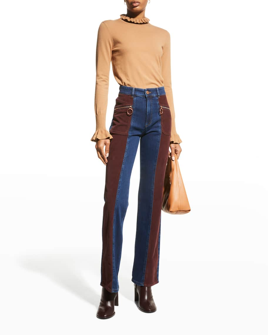 See by Chloe Paneled Denim Bootcut Pants | Neiman Marcus