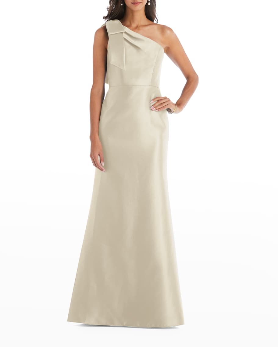 Dessy Collection Bow One-Shoulder Satin Trumpet Gown | Neiman Marcus