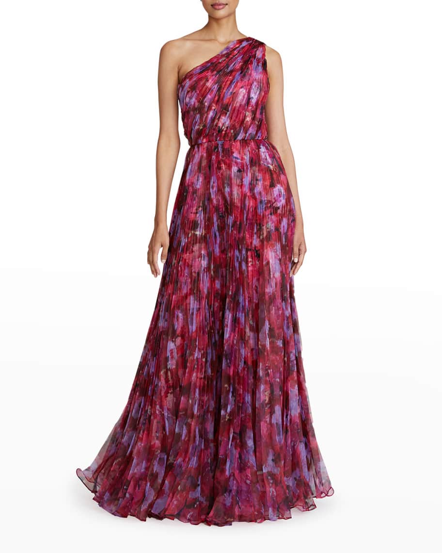 Theia Martina One-Shoulder Plisse Gown | Neiman Marcus