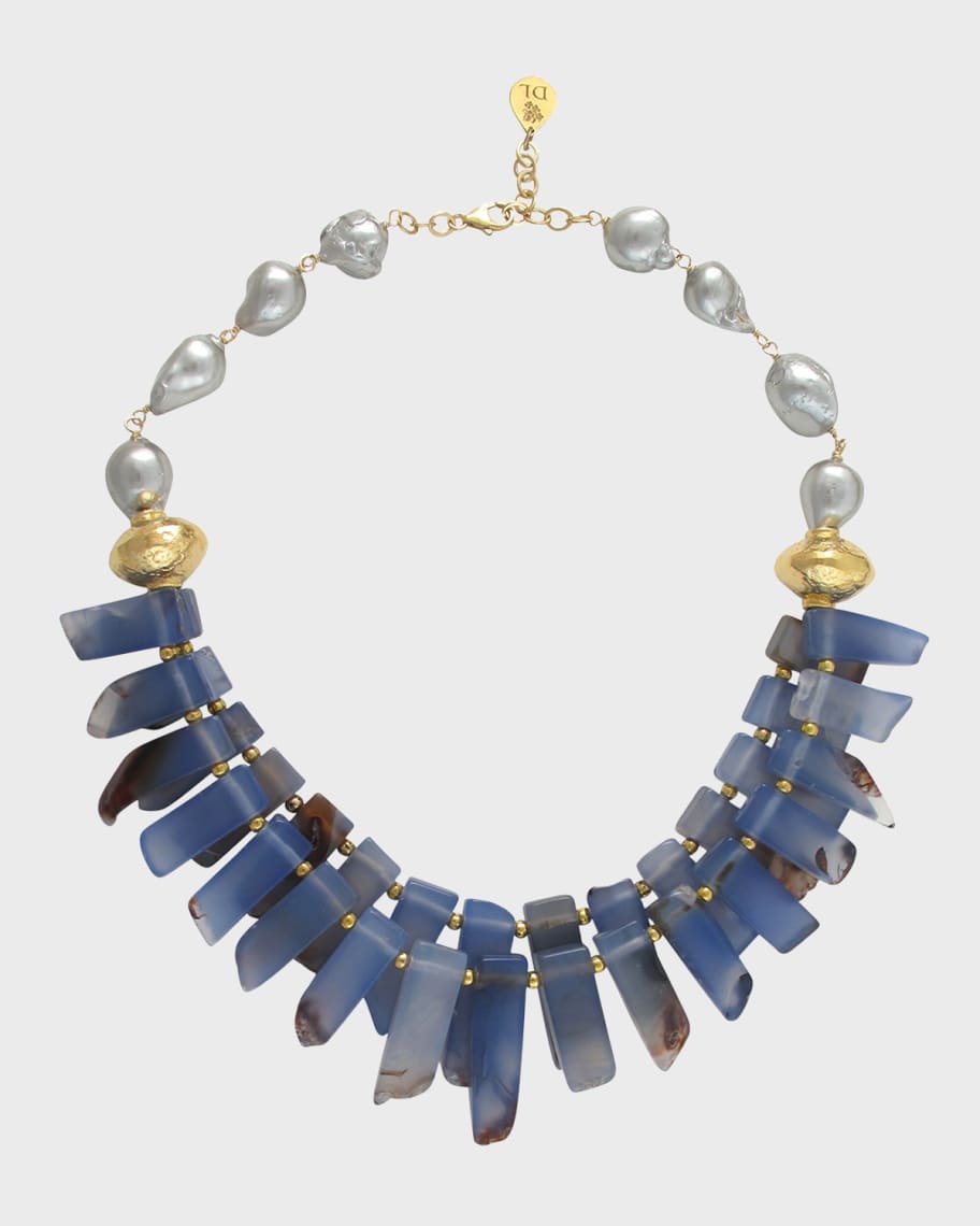Devon Leigh Blue Agate Slab, Gray Pearl and Gold Accent Necklace ...