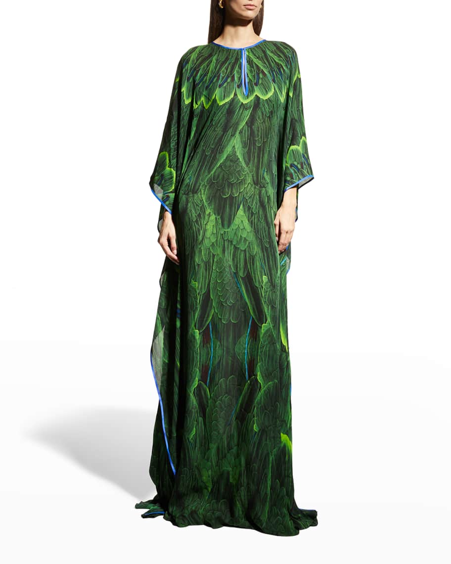 Naeem Khan Feather Printed Silk Long Caftan Neiman Marcus