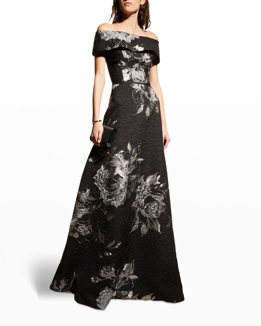 Rickie Freeman for Teri Jon Off-Shoulder Metallic Flower Jacquard Gown ...