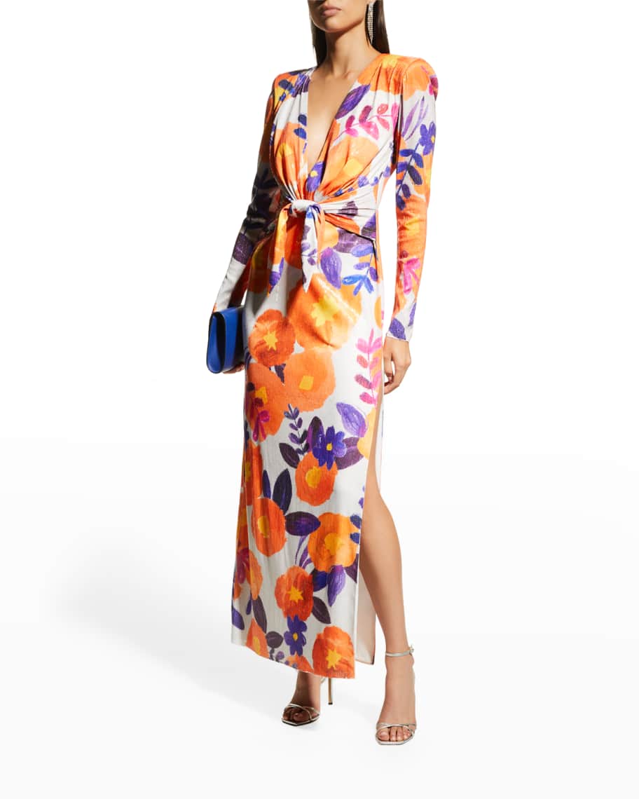 RAISAVANESSA Floral-Print Strong-Shoulder Knot-Tie Sequin Maxi Dress ...