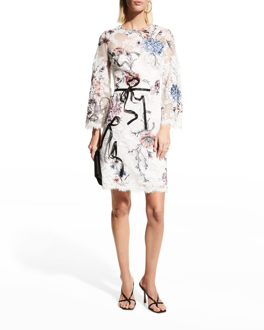 Marchesa Floral-Embroidered Lace Dress | Neiman Marcus