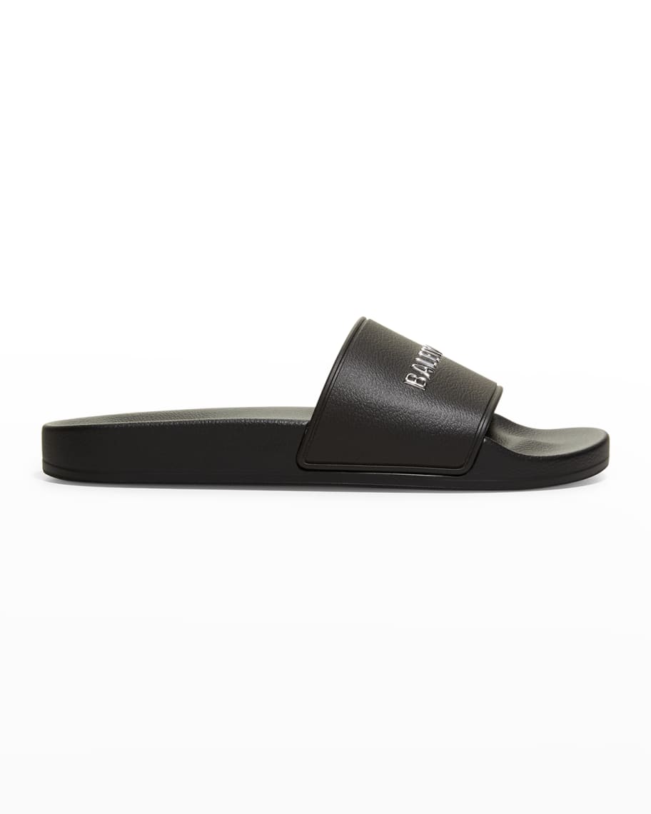 Balenciaga Logo Flat Pool Sandals | Neiman Marcus
