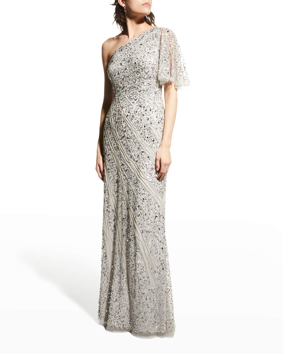 Aidan Mattox Beaded One Shoulder Column Gown Neiman Marcus