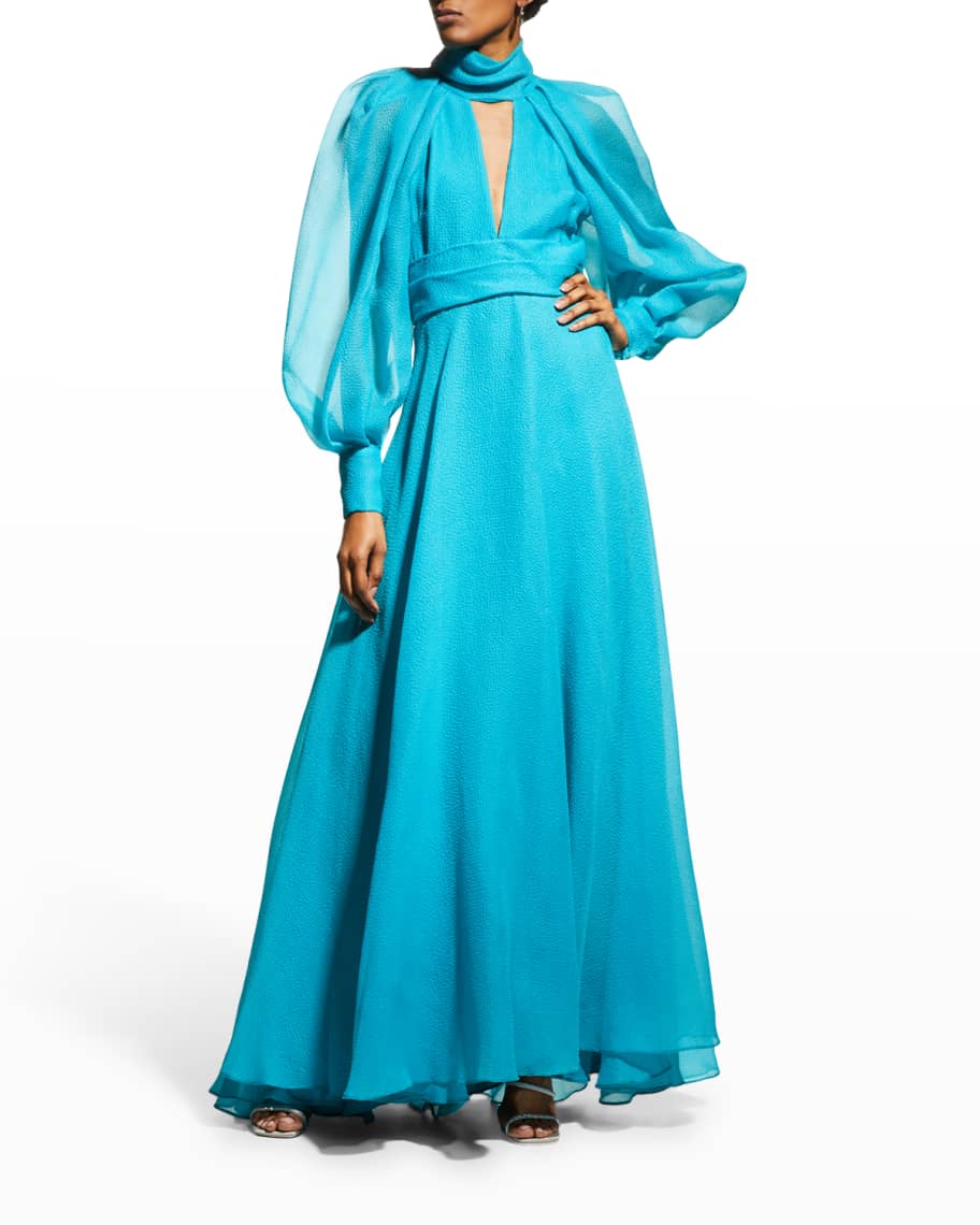 Monique Lhuillier High-Neck Cutout Puff-Sleeve Gown | Neiman Marcus