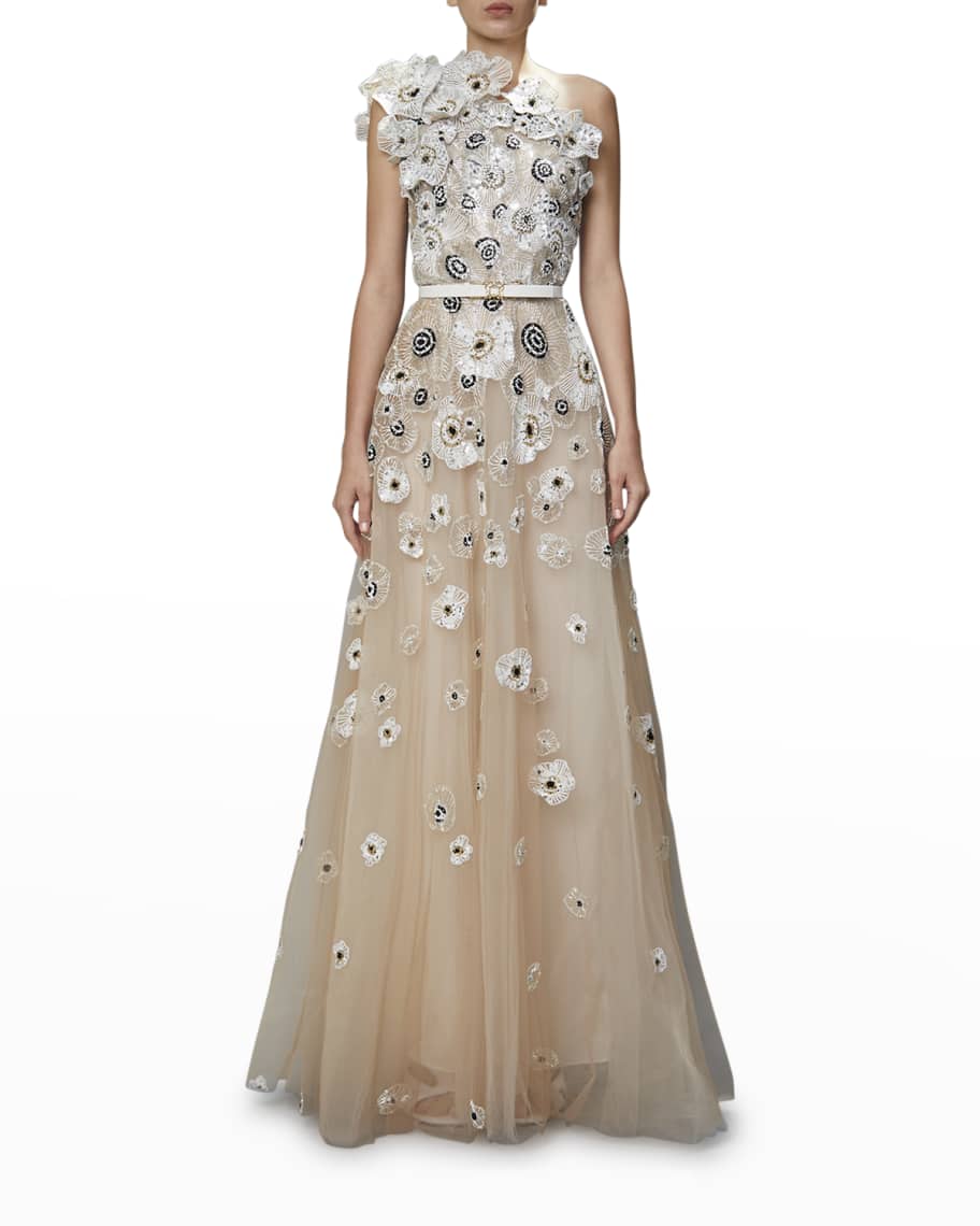 Elie Saab Floral Applique One-Shoulder Gown | Neiman Marcus