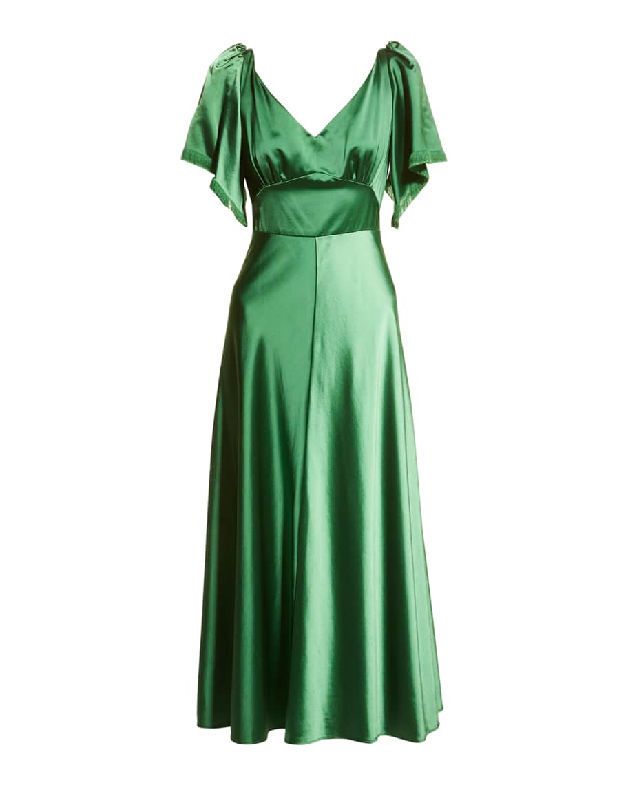 Lela Rose Hammered Satin Flutter Sleeve Midi Dress Neiman Marcus