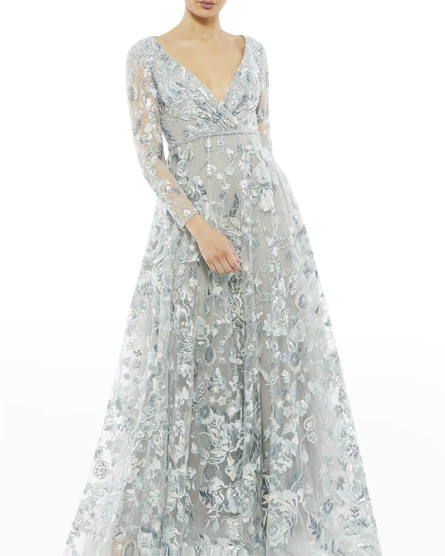 Mac Duggal Long-Sleeve Floral Embroidered A-Line Gown | Neiman Marcus