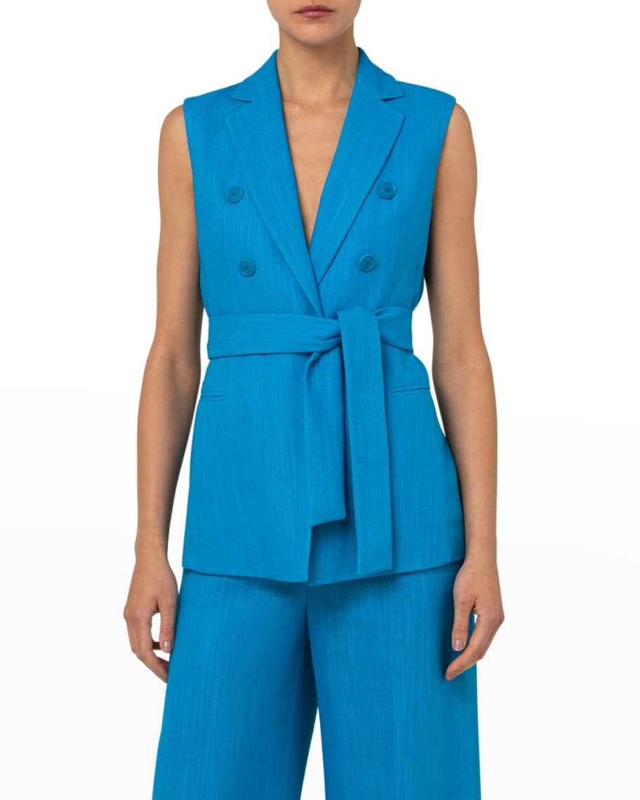 Akris Double-Breasted Linen-Wool Crepe Belted Vest | Neiman Marcus