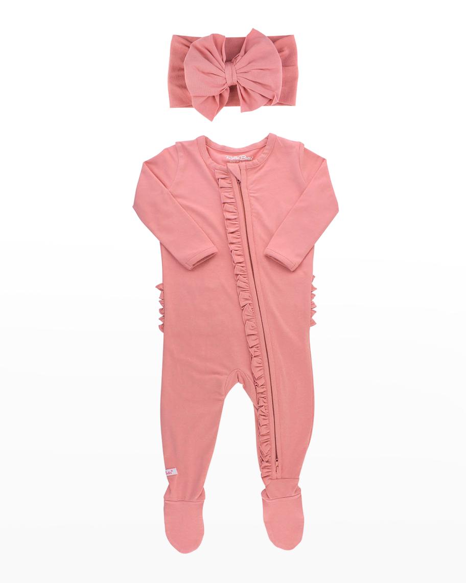 RuffleButts Girl's Snuggly Ruffle Footie Pajamas w/ Headband, Size 3M-8 ...