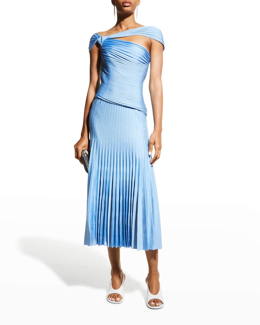 St. John Pleated One-Sleeve Midi Dress | Neiman Marcus