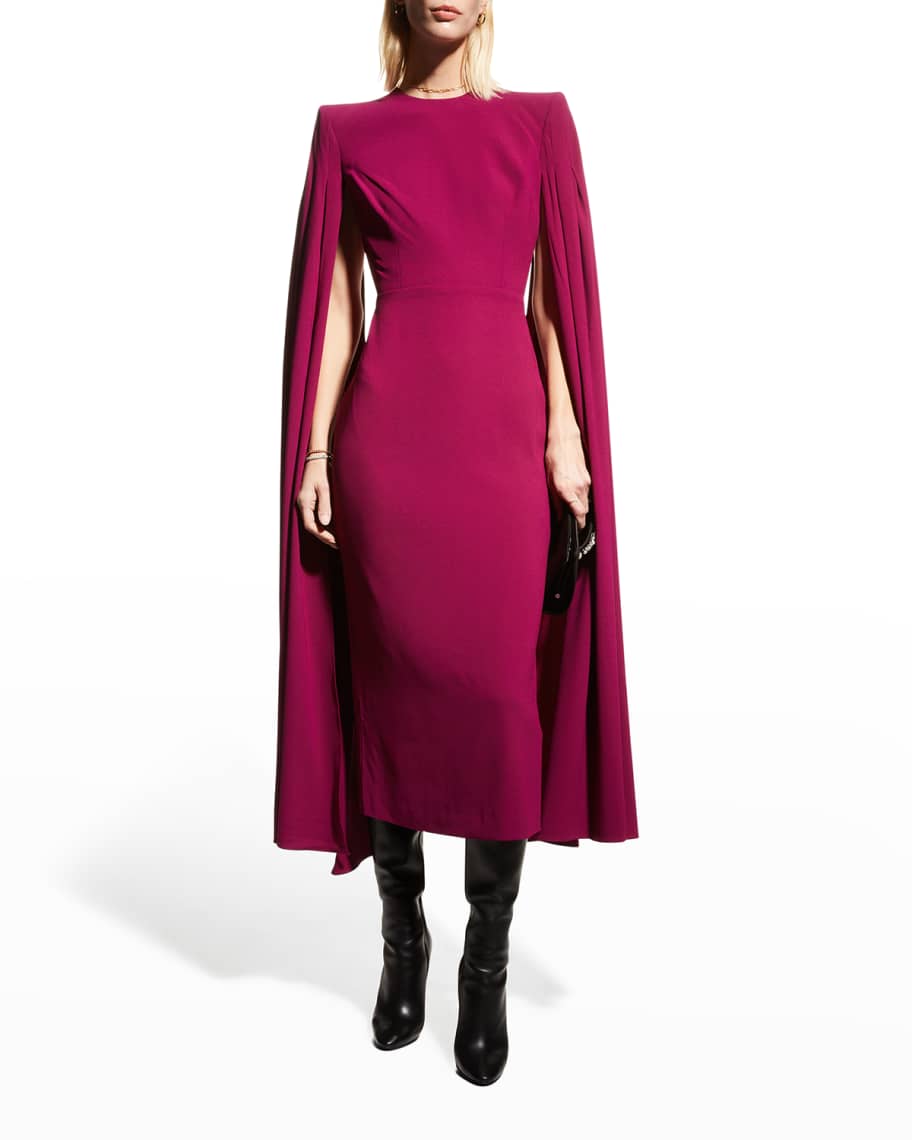Alex Perry Kennedy Pleated Cape-Sleeve Midi Dress | Neiman Marcus