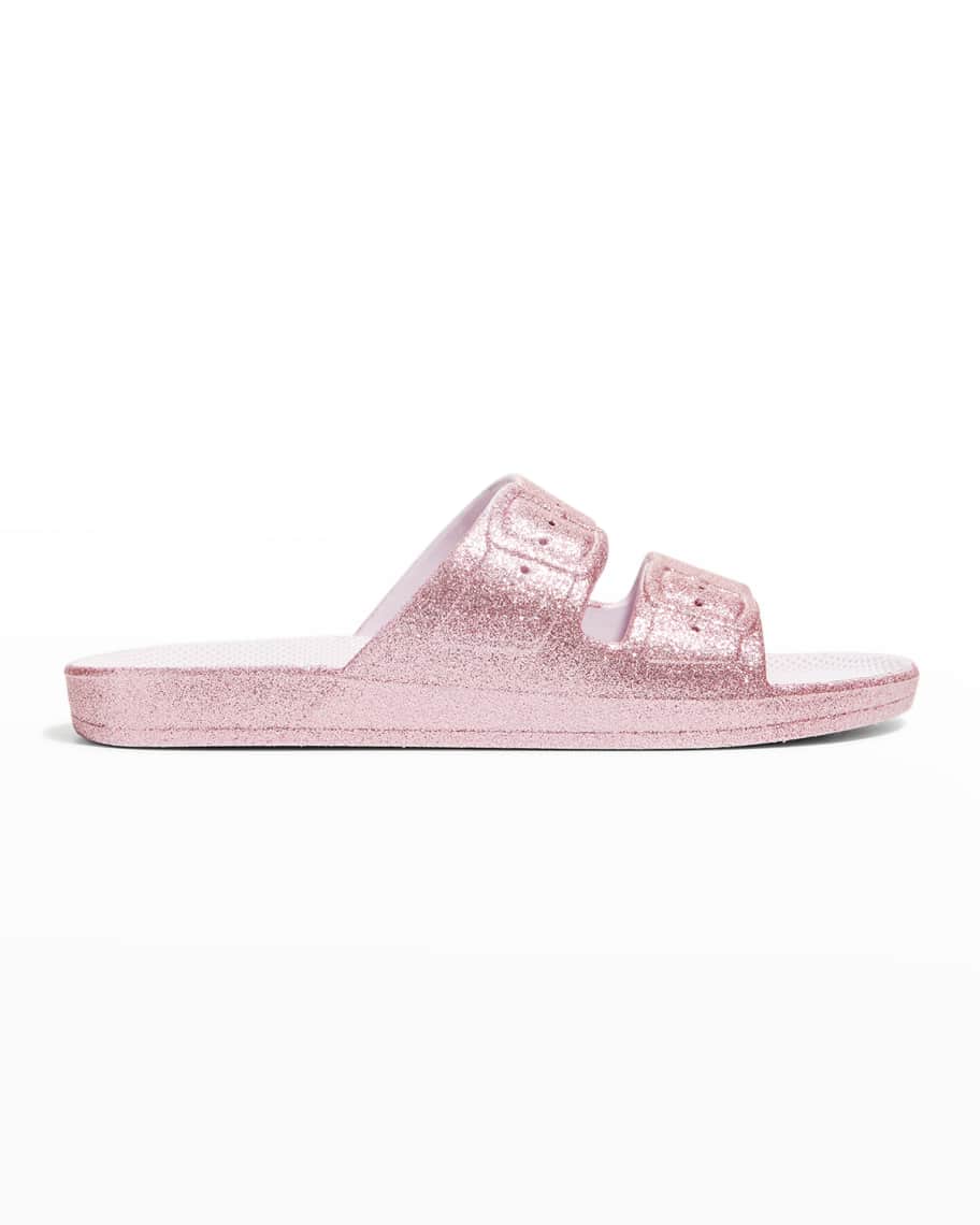 Freedom Moses Glittered Faux Dual-Buckle Slide Sandals | Neiman Marcus