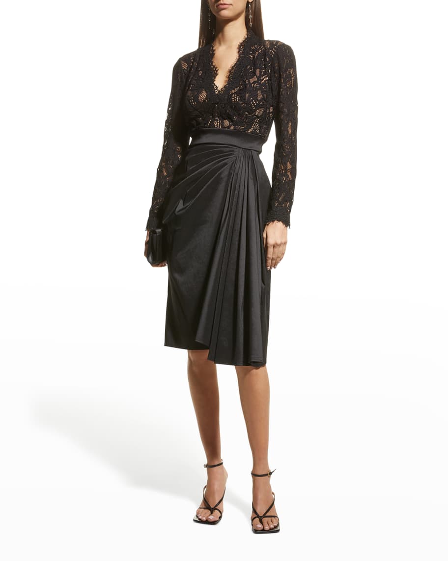 Tadashi Shoji Scalloped Lace Taffeta Long Sleeve Dress Neiman