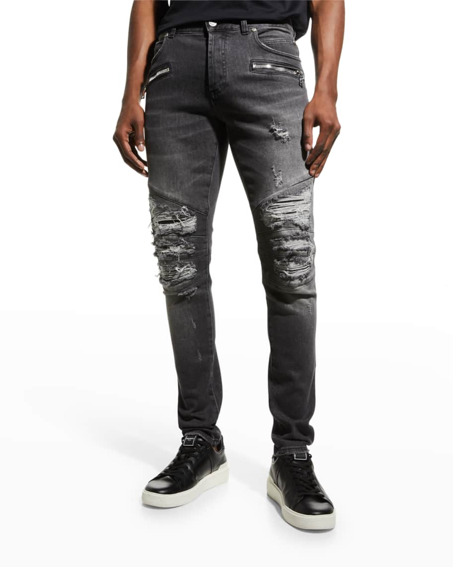 Balmain Men's Destroyed Slim-Fit Moto Jeans | Neiman Marcus