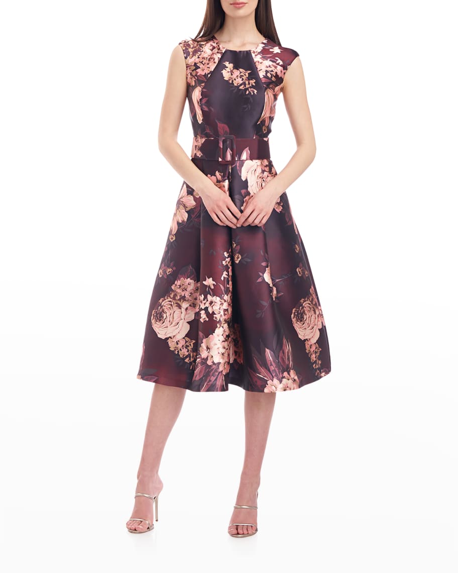 Kay Unger New York Jordana Floral Mikado Belted Dress | Neiman Marcus