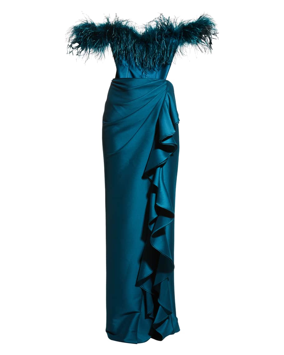 feather trim gown