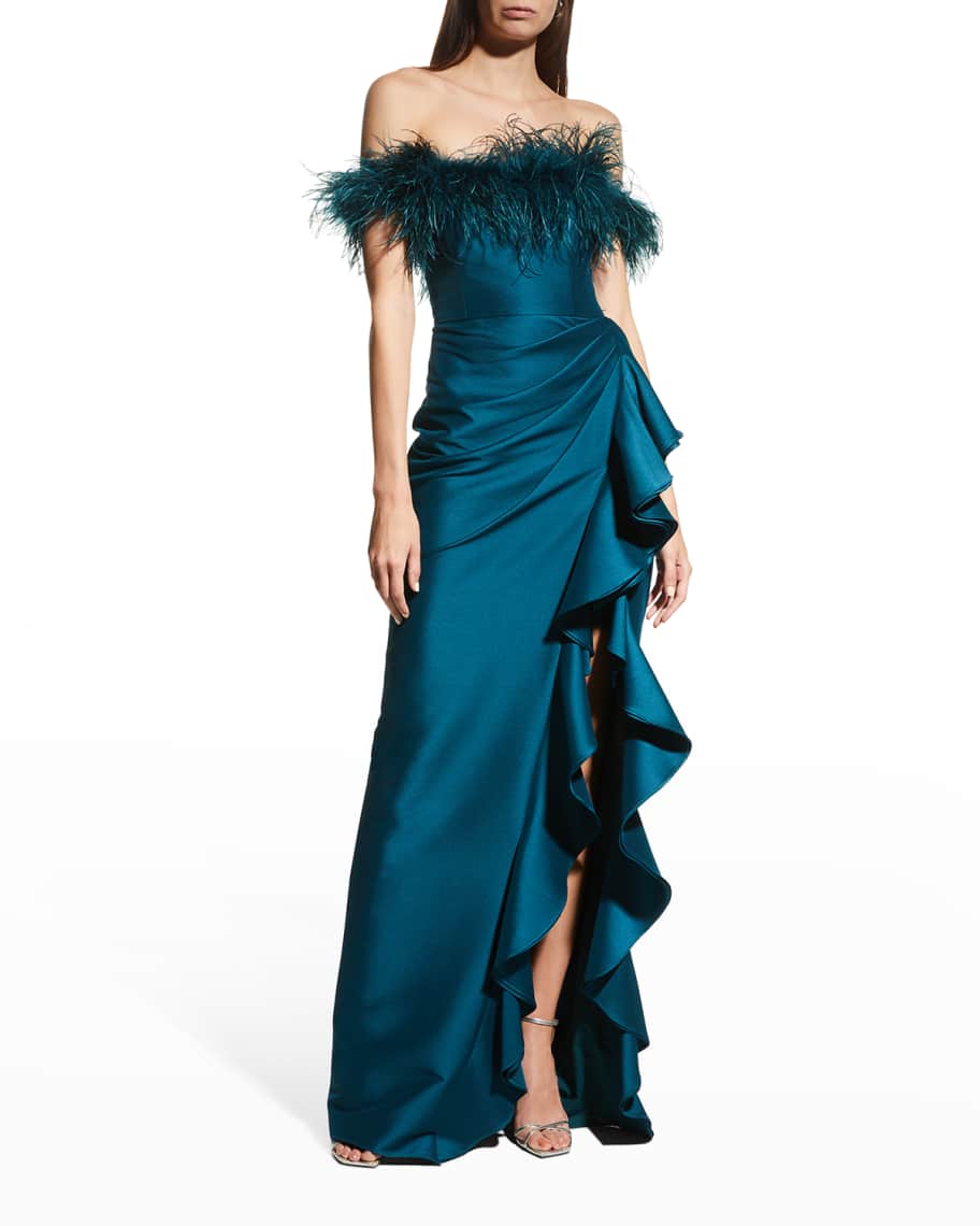 Badgley Mischka Collection Feather Trim Off Shoulder Ruffle Gown