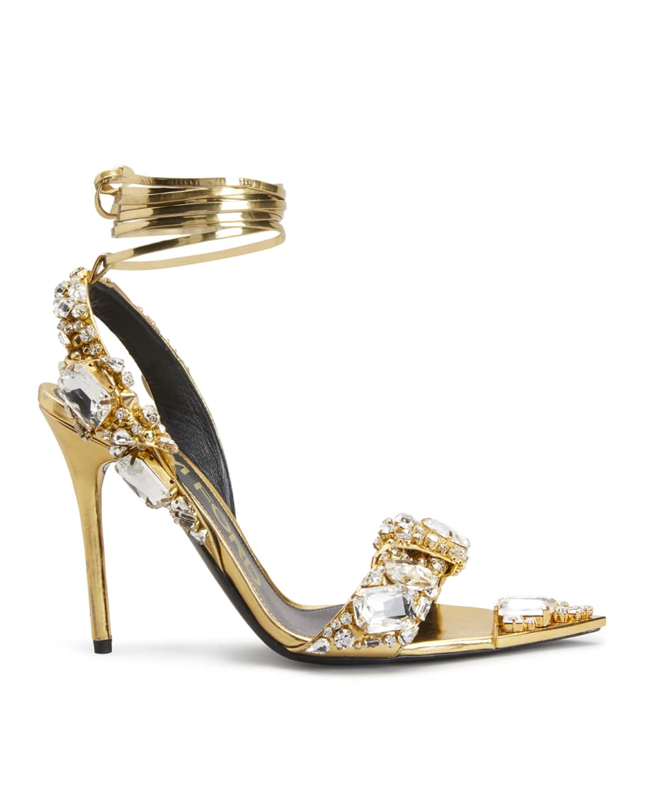 TOM FORD Metallic Crystal Ankle-Tie Sandals | Neiman Marcus