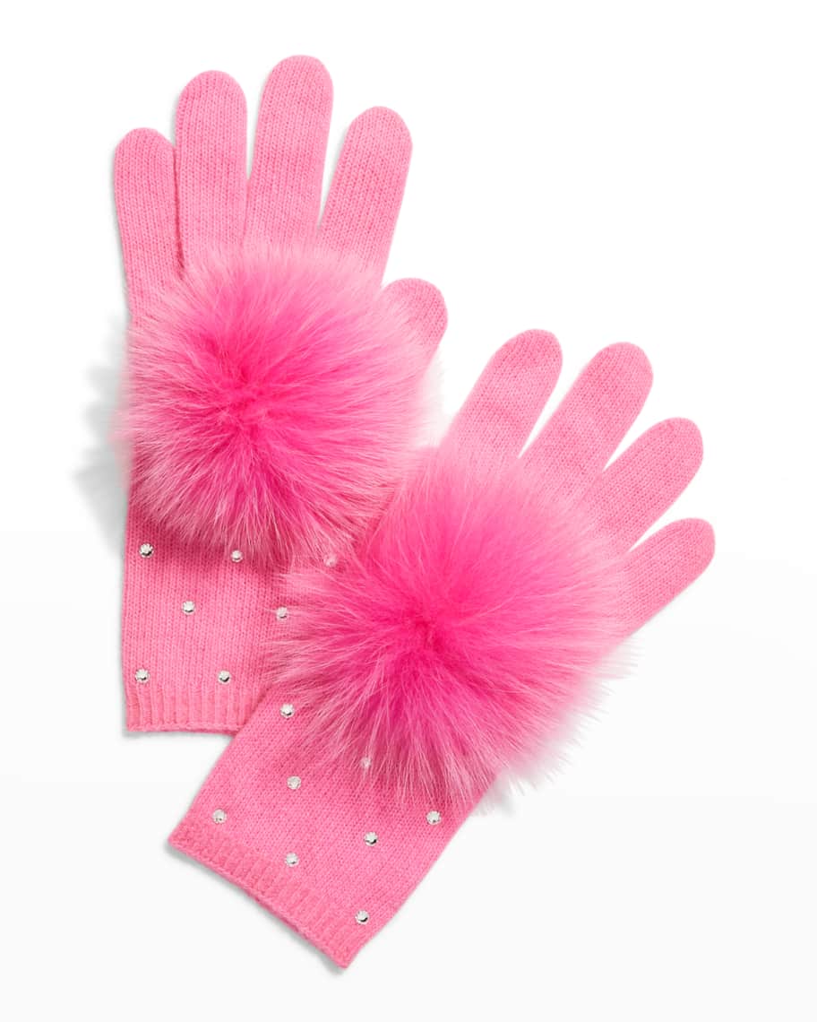 Carolyn Rowan Crystal Cashmere Gloves w/ Fur Pompoms | Neiman Marcus