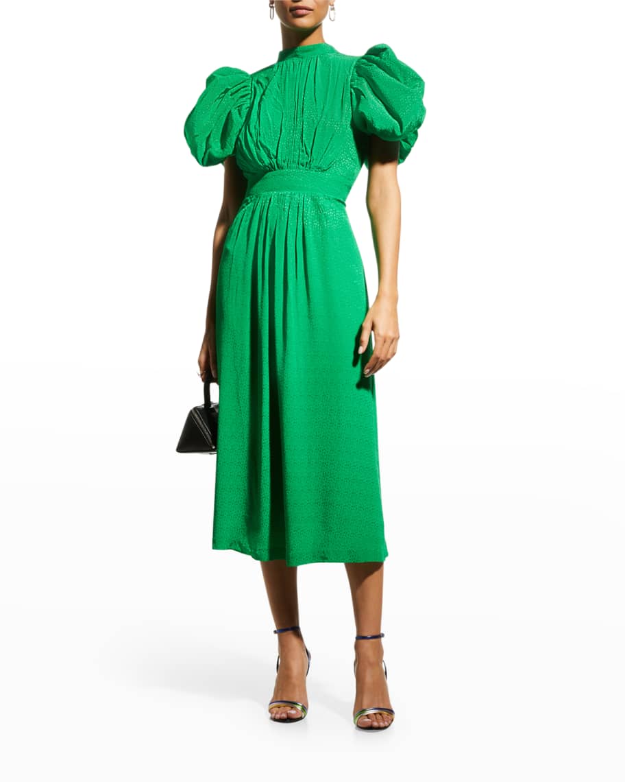 Rotate Birger Christensen Noon Puff-Sleeve Jacquard Midi Dress | Neiman ...