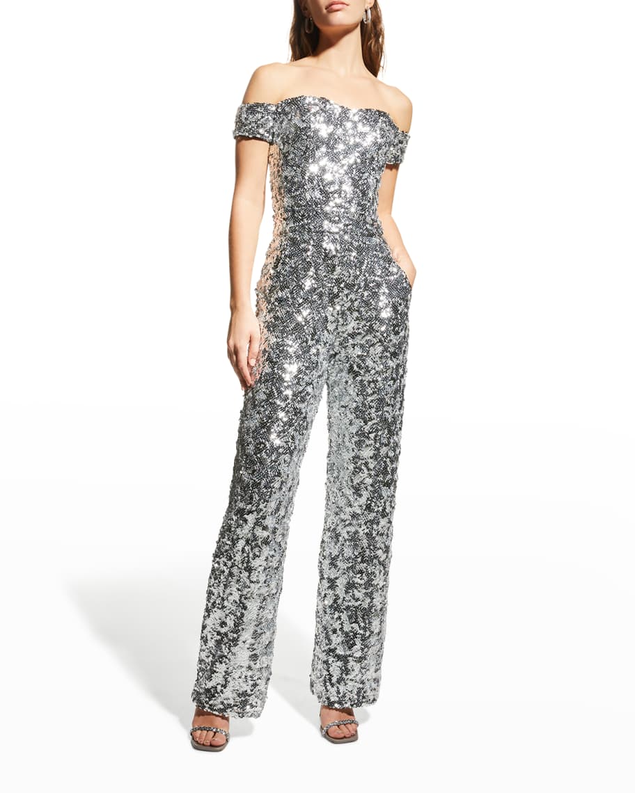 Dress the Population Black Label Elon Sequin Off-Shoulder Jumpsuit ...